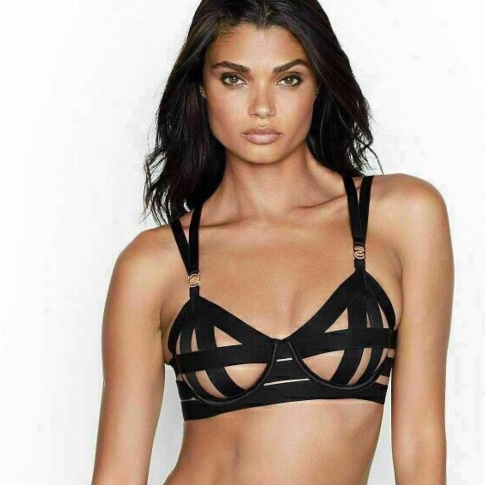 💗 VS Victoria's Secret LUXE Unlined Balconet Strappy Caged Bra Black 34DDD 34F